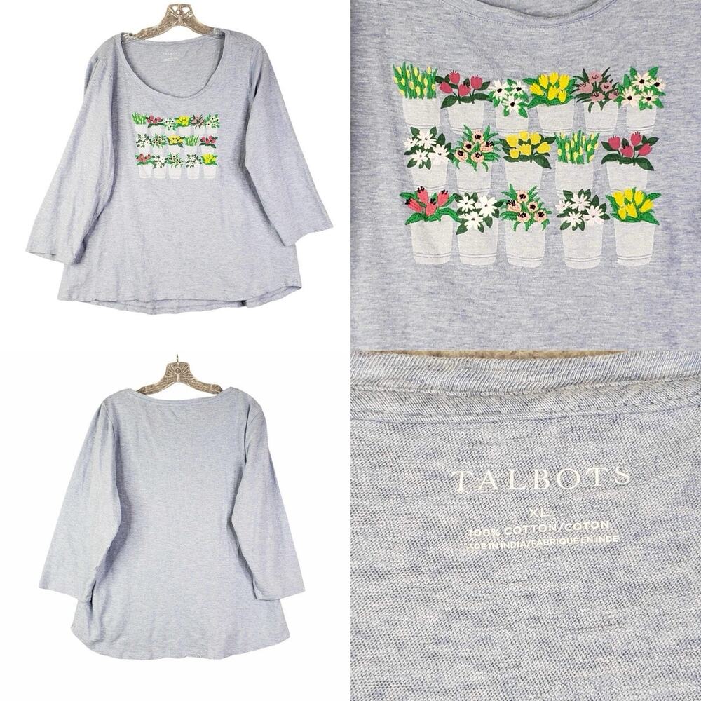 Talbots Shirt Womens Size XL Blue Garden Long Sleeve Cotton Top